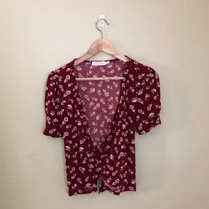 All In Favor Maroon Red Tie Wrap Front Top